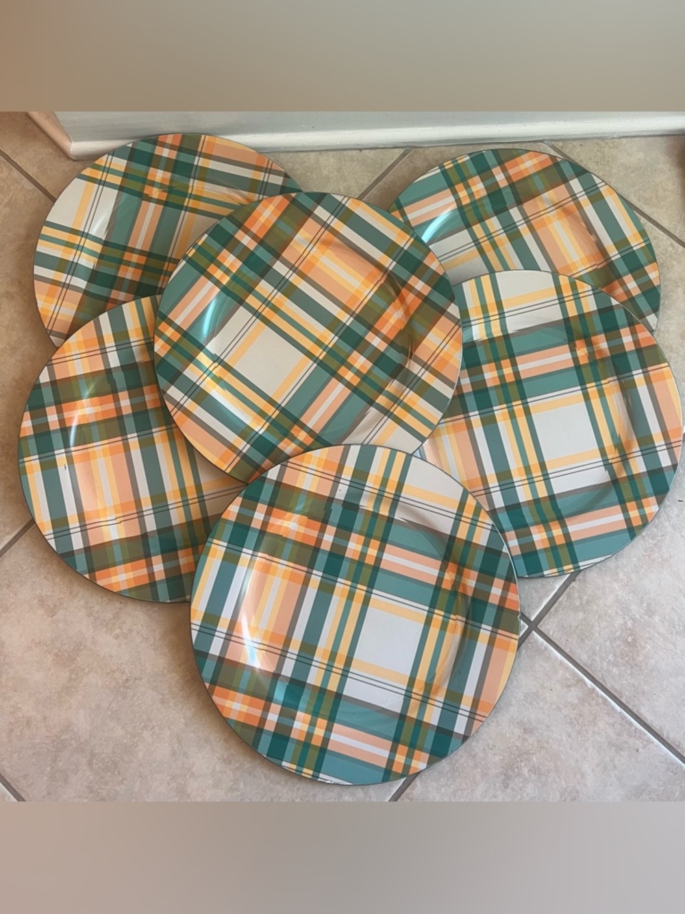 Ashland Plaid Melamine Dinner Plates in Green, Orange, Yellow, Cream